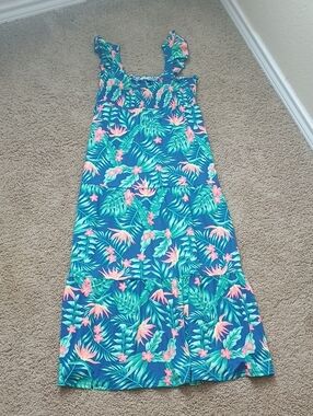 Tropical Floral Maxi Dress in Teal and Coral